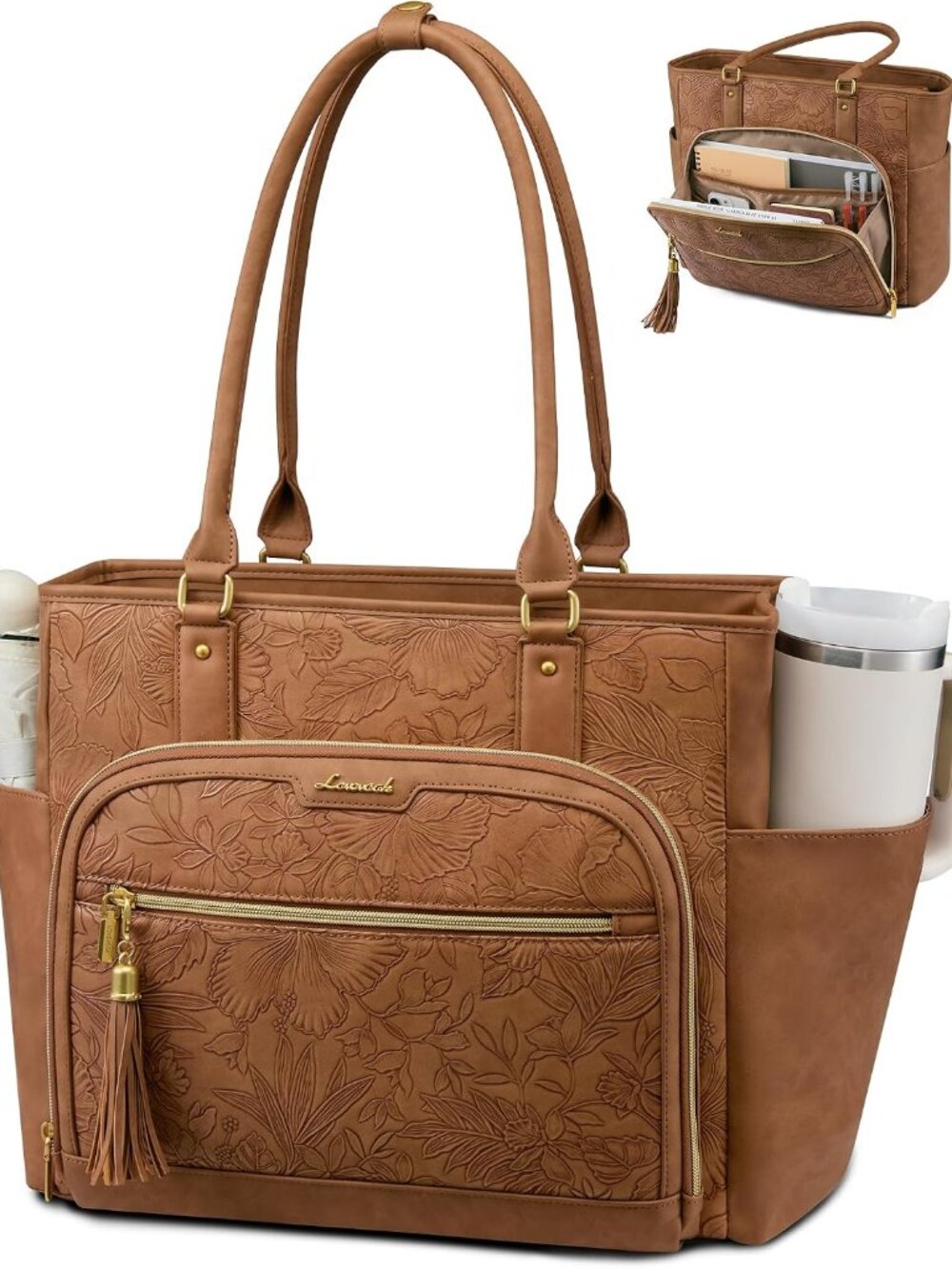 Laptop Tote Bag for Women With Large Cup Holder, Vintage Leather Work Tote Bag f